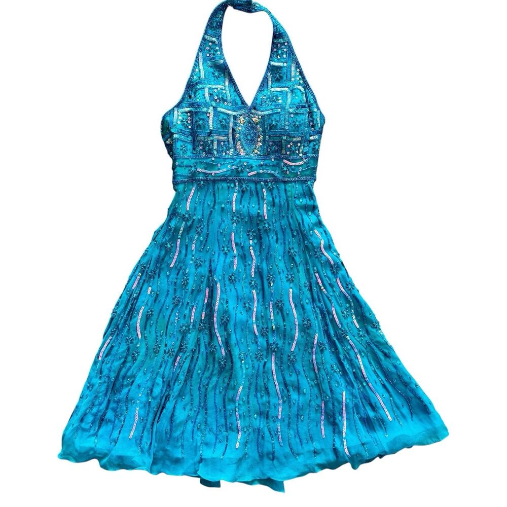 Vintage Scala 100% Silk Beaded Blue Halter Mini Skater Dress XS